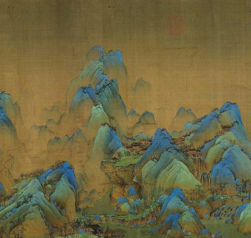 王希孟，《千里江山图》卷，局部。层叠山势随溪谷路径之迂回曲折，制造出“深远”的效果。